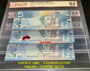 *BCS CERTIFICATION* 3 CONSECUTIVE W/ RADAR - CHOICE UNC 2006 Canada $5 JOURNEY - Picture 1 of 6