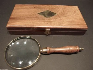 4" 5x Antique Style Magnifying Glass Brass w Wood Turned Hand Lens Desktop Box - Picture 1 of 10