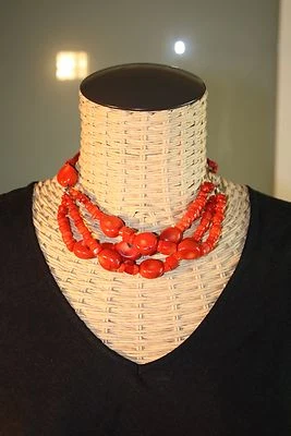 Novo em folha colar de corais de bambu vermelho prata esterlina 925 e corda de couro - Imagem 1 de 4