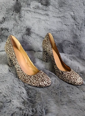 J.Crew Women Heels 5 1/2 Brown Calf Hair Round Toe Polka Dot Block Pumps Shoes - Image 1 of 4