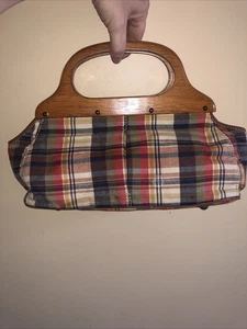 J Crew Womens Madras Plaid Cloth Wood Handle Purse Vintage Bermuda - Picture 1 of 11