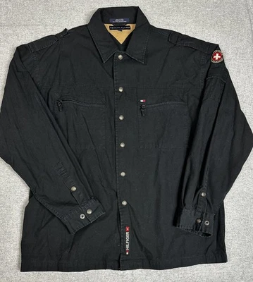 Jaqueta camisa Tommy Hilfiger 2XL lona preta utilitária remendo militar bolsos com zíper - Imagem 1 de 4