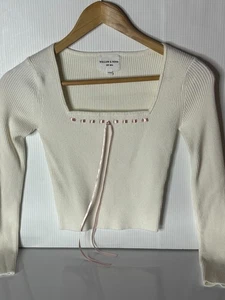 Willow & Wind Ivory Ribbed Crop Square Neck Sweater Milkmaid Top Pink Ribbon XS - Picture 1 of 3