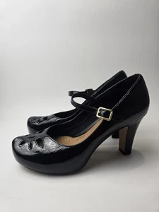 Clarks Black Patent Leather Heels Worn Once UK Size 5 Cut Out Design - Picture 1 of 12