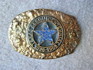 Fibbia per cintura vintage Texas sesquicentenario ottone strass blu 1836-1986 - Foto 1 di 4