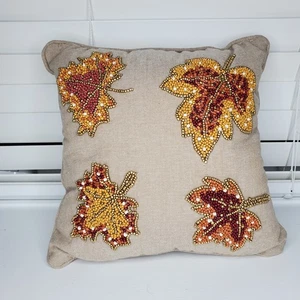 Pillow Small Beaded Autumn Maple Leaf Cotton Linen 10 inch Square  - Picture 1 of 8
