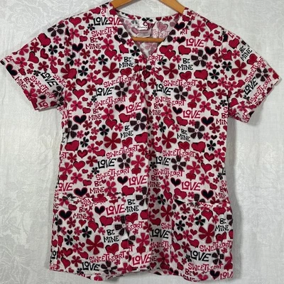 White Cross Scrub Top XS Red Black Hearts Valentine 657BMN - Image 1 of 4