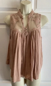 Free People Western Romance Top Pink Rose Mauve Sheer Neckline Mesh Applique XS - Picture 1 of 13