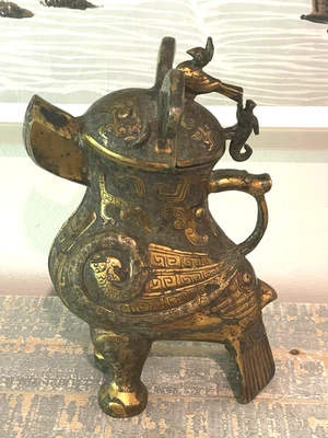 Невероятный Редкий Архаичный Китайский Позолоченный Бронзовый Винный Сова Птичий Сосуд - Изображение 1 из 4