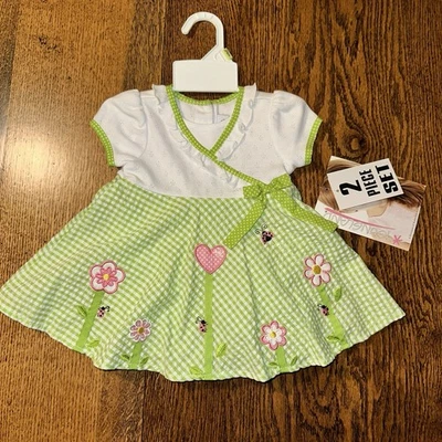 Y2K Green Gingham Seersucker Embroidered Dress Set Appliqué Youngland 3-6 Months - Image 1 of 4