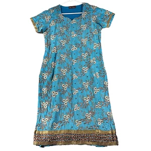 Vintage Indian Dress Women's Teal Blue Sequins Embroidery Fairycore Whimsy Satin - Picture 1 of 13