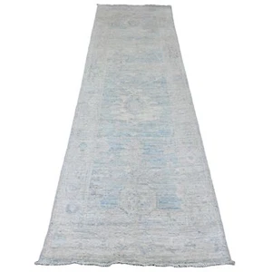 2'10"x9'7" Blue Angora Oushak Leaf Design Wool Hand Knotted Runner Rug R20884 - Picture 1 of 6