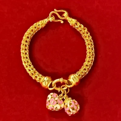 Bracelet Chain Bangle Pink Heart Pendant 23k 24k Thai Gold Plated Yellow 2 Baht - Image 1 of 4