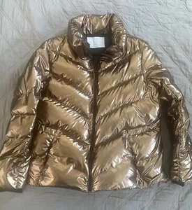 ATHLETA Chaqueta Puffer Abrigo Alto Plumón Cremallera Completa Talla Mediana Metálico Dorado - Imagen 1 de 11