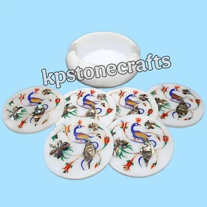 Juego de posavasos de mármol con incrustación de pavo real | Piedra semipreciosa Pietra Dura Art | Ha - Imagen 1 de 5