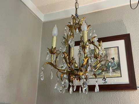 Gorgeous Vintage Chandelier glass Drops Gilded Metal Tole From Italy 1960's Cover