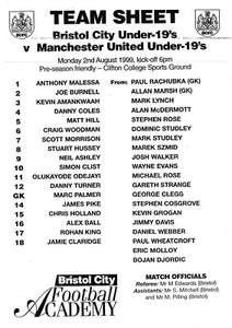 Teamsheet - Bristol City U19 v Manchester United U19 1999/2000 (2 Aug) Friendly - Picture 1 of 1