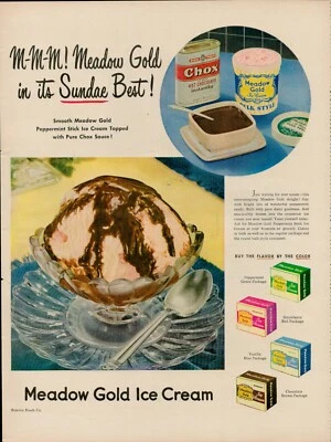 Helado dorado Meadow 1948 helado vintage anuncio estampado antiguo pajita de chocolate vainilla Foto 1 de 4