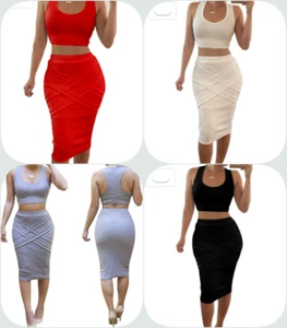 Bess Bridal Women's Two Piece Crop Top Midi Skirt Outfit Skinny Bandage Dress - Picture 1 of 12