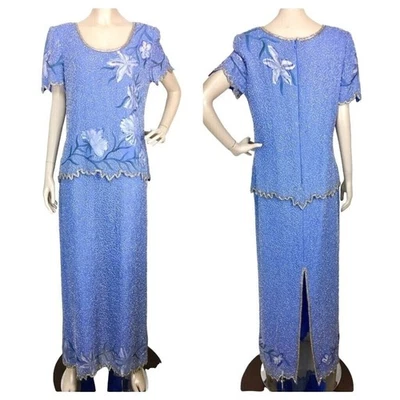 Vestido de fiesta floral vintage Laurence Kazar 100 % seda totalmente con cuentas pintado a mano Foto 1 de 4