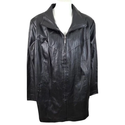 Woman Within Plus Size Genuine Leather Jacket A-line Womens 24W Black Zipper - Image 1 of 4
