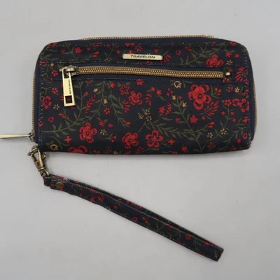 Carteira Travelon pulseira RFID bloqueio azul marinho floral compartimento de telefone 7,5" - Imagem 1 de 4