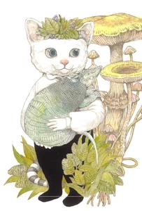Postal japonesa: gato sostiene armadillo cerca de hongos amarillos - Yuko Higuchi - Imagen 1 de 3