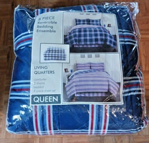Living Quarters Queen or King 8 Piece Reversible Bedding Ensemble in Blue Plaid - Picture 1 of 2