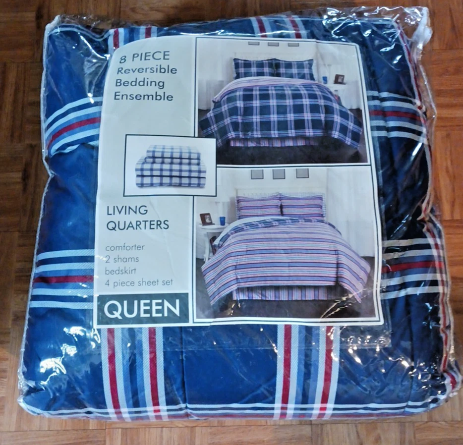 Conjunto de ropa de cama reversible de 8 piezas para salón Queen o King a cuadros azules Foto 1 de 2