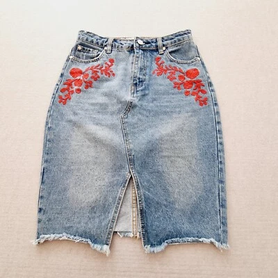 VINTAGE Y2K MISS SHOP SZ 8 Blue Front Split Embroidered flowers Denim Skirt 90S - image 1 of 4