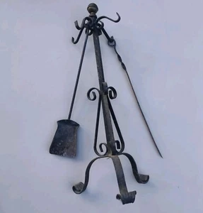 Set per Camino Utensili Vintage Ferro Battuto pomello Ottone - Foto 1 di 6