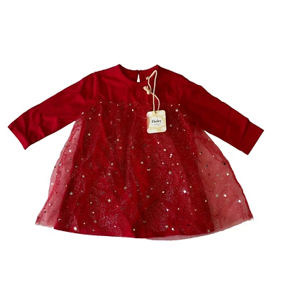 Vestido de jersey Hatley bebê tule meninas tamanho 9-12 meses vermelho glitter malha elástica - Imagem 1 de 4