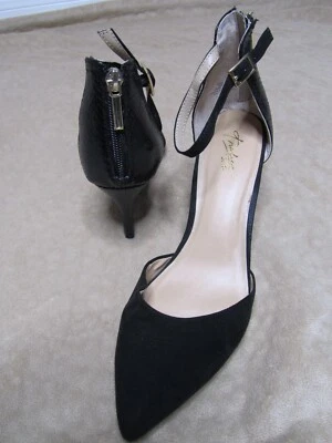 Thalia Sodi Black Suede Pumps Size 9.5 Ankle Strap Scale Closed Back Heels Shoes - Image 1 of 4