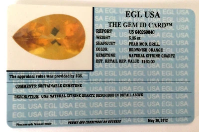 EGL USA CERTIFIED & APPRAISED 5.35 CT PEAR NATURAL CITRINE QUARTZ VALUE $160 - Image 1 of 4