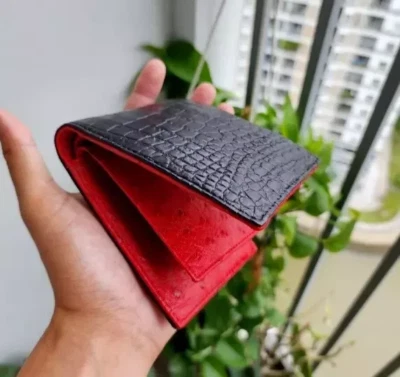 Cartera plegable de cuero de avestruz rojo negro real para hombre porta tarjetas hecha a mano Foto 1 de 4