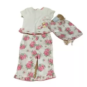 Conjunto De Colección Disney Pooh NUEVO 3-6 Meses Sombrero Pantalones Camisa Floral Rosa Volantes - Imagen 1 de 7