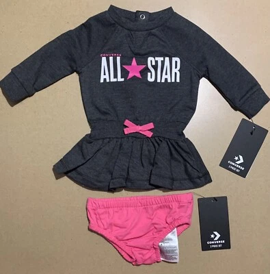 匡威 CONVERSE Star 婴儿女孩荷叶边连身裤连衣裙和匹配下装 NB,3 个月,6 个月 — 第 1/4 张图片