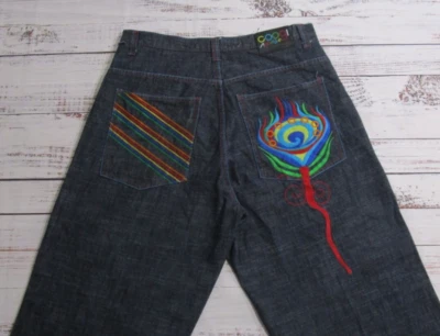 Vtg Y2K COOGI Embroidered Flower Black Blue Denim Jeans Baggy Men 38 (36"x29.5") - Image 1 of 4
