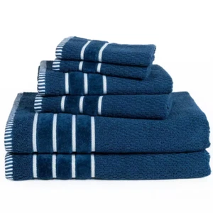 6-Piece Navy 100% Cotton Rice Weave Towel Set - Picture 1 of 12