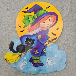Vintage Halloween gestanzte Hexe schwarze Katze Geister Fledermäuse fliegender Besen Mond USA - Bild 1 von 12