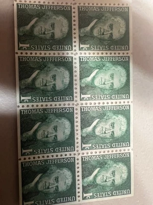 Jefferson 1 Cent Stamp Block of 8 clue unused - Image 1 of 2