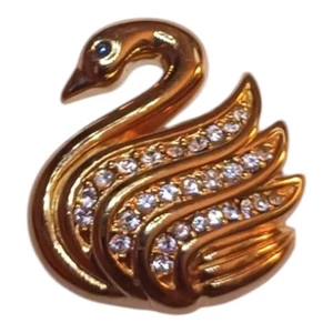 Vintage Signed Krementz Gold Tone & Rhinestone Swan Bird Brooch Pin Blue Eye - Picture 1 of 3