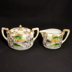 Nippon M-in-Wreath Creamer & Sugar Lid Hand Painted Gold Flowers Tree in Meadow - Picture 1 of 12