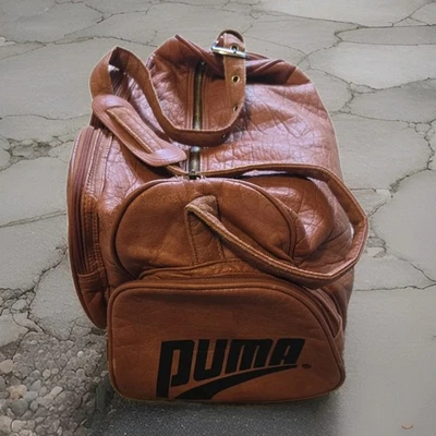 Vintage 1970s PUMA Brown Leather Bag w/Zippered Pockets & Shoulder Strap *RARE* - Image 1 of 4