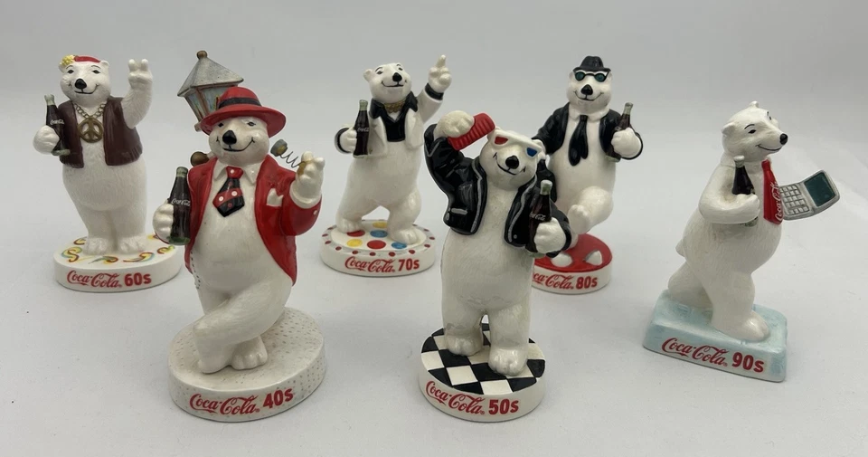 Enesco Coca Cola Polar Bear Figurines Set 6 Through the Years 40 50 60 70 80 90 - Image 1 of 4