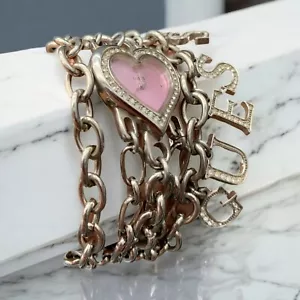 VTG Rare Y2K Guess Silver Tone Chain Pink Heart Watch Bracelet Charms 90s - Picture 1 of 10