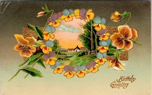 Pensamientos Cumpleaños Felicitación Viola Flores Pastoral Escena Postal De Colección Sin Publicar - Imagen 1 de 3