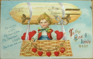 Airship Fantasy Aviation 1910 Valentine Postcard Boy in Dirigible Embossed Litho - Picture 1 of 1