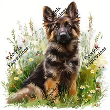 Original Digital Art Image German Shepherd Dog Pup Wildflower Wallpaper Portrait