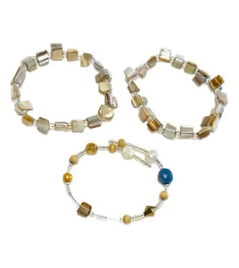 Beige Brown Abalone Mother Of Pearl Stretch Bracelet Set Of 3 Baroque Pearl Lot - Picture 1 of 24
